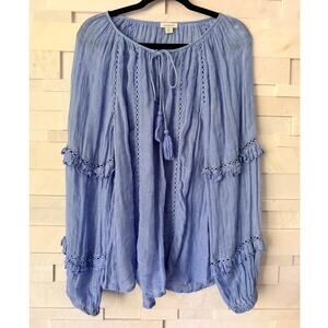 SUNDANCE 100% Linen Poet Style Ruffle Crochet Detail Tassel Top M Boho Peasant